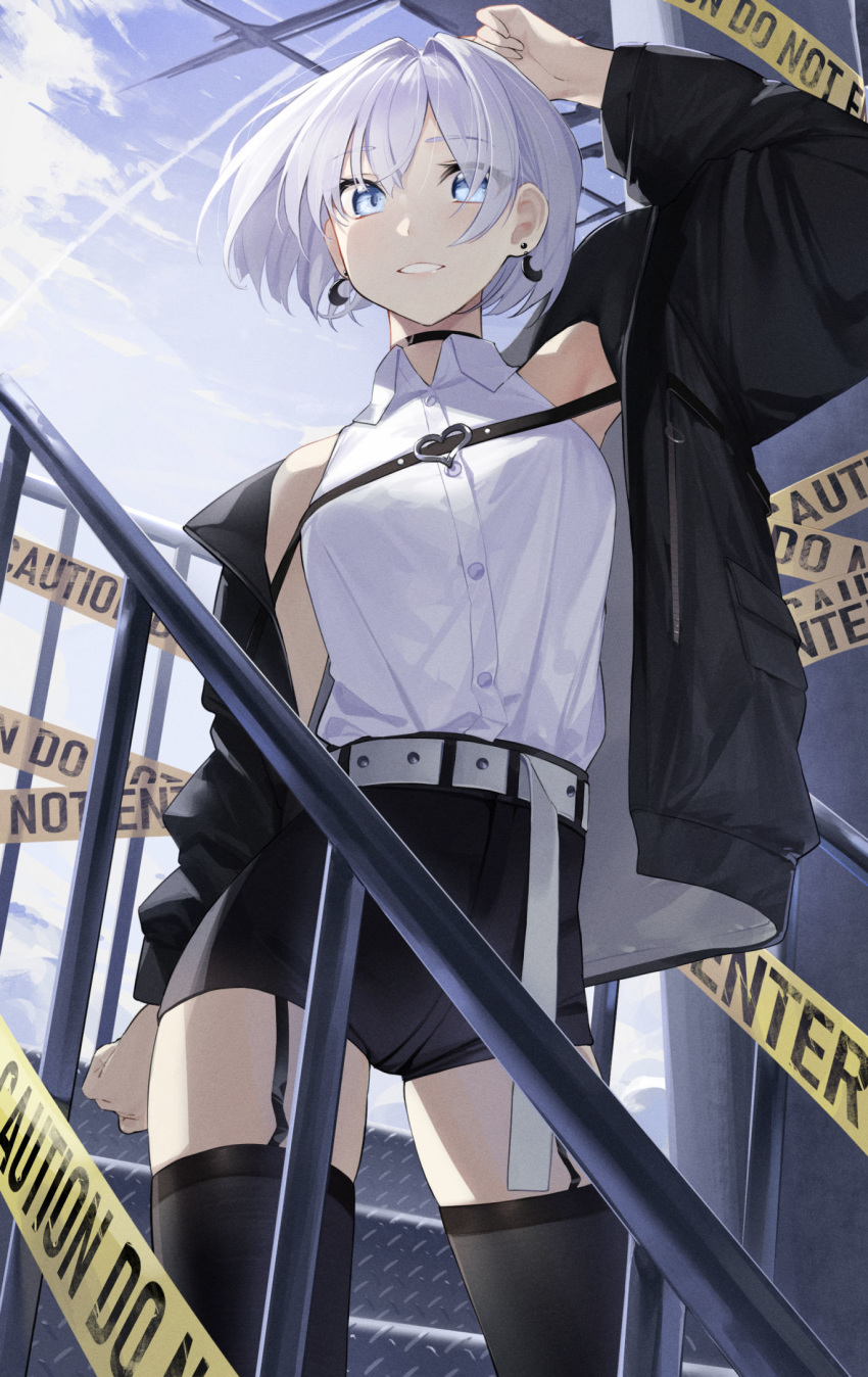 1girl black_jacket blue_eyes breast_strap breasts caution_tape choker earrings highres jacket jewelry looking_down medium_breasts moon_earrings off-shoulder_jacket original parted_lips short_hair smile solo stairs star741 symbol_commentary thigh-highs white_hair