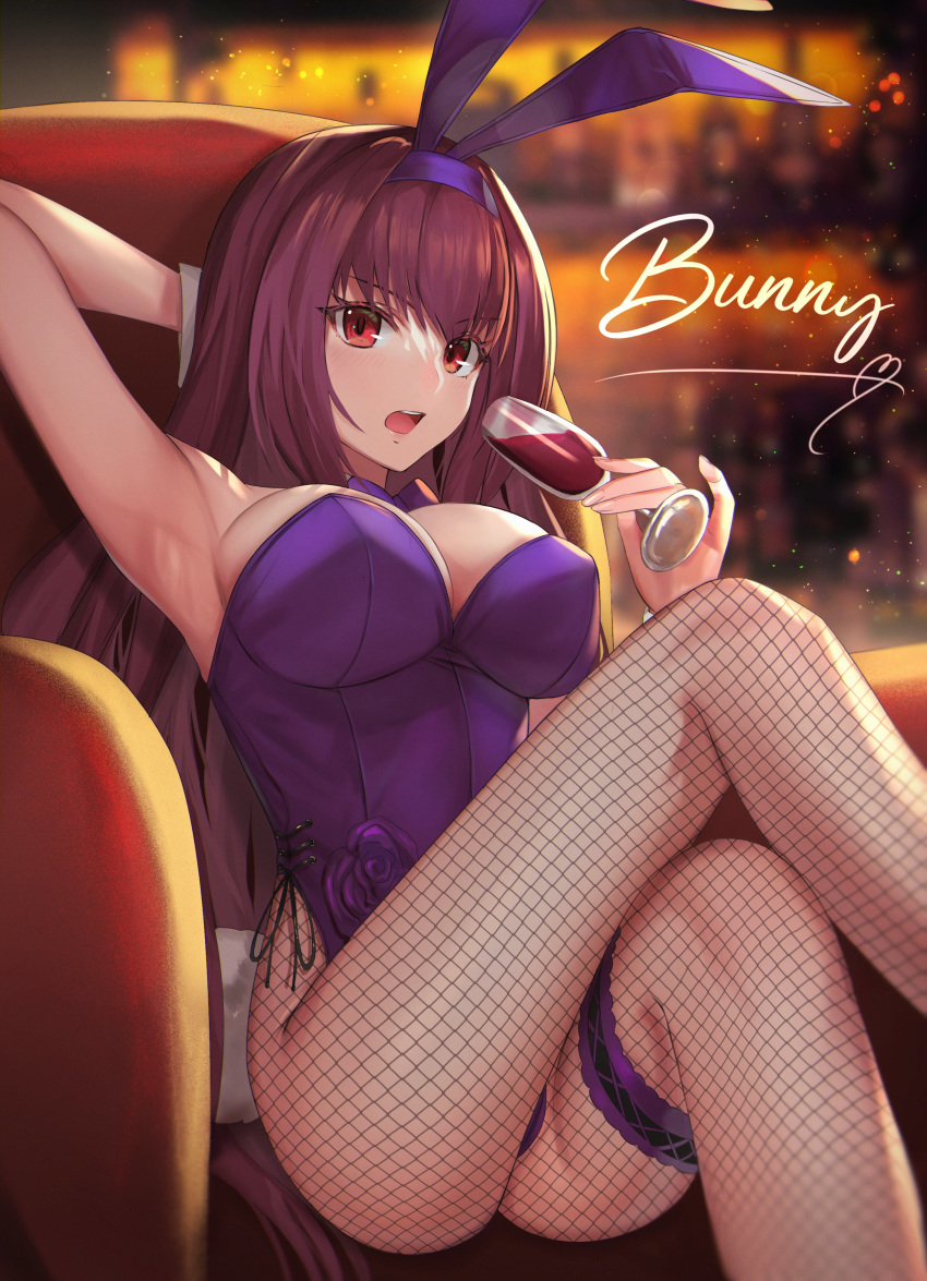 1girl absurdres alcohol animal_ears arm_behind_head armpits bangs blurry blurry_background blush breasts bunnysuit commentary_request couch crossed_legs cup dolce_(dolsuke) drinking_glass eyebrows_visible_through_hair fake_animal_ears fate/grand_order fate_(series) fingernails fishnet_legwear fishnets highleg highleg_leotard highres holding indoors large_breasts leotard long_hair looking_at_viewer open_mouth purple_hair purple_leotard rabbit_ears red_eyes scathach_(fate)_(all) scathach_(fate/grand_order) simple_background sitting solo strapless strapless_leotard thigh_strap thighs wine wine_glass