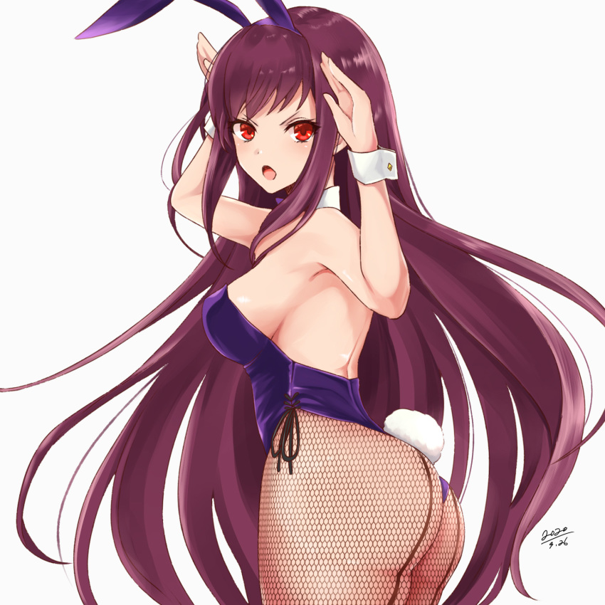 1girl akari4 animal_ears ass bangs blush breasts bunny_pose bunny_tail bunnysuit detached_collar fake_animal_ears fate/grand_order fate_(series) fishnet_legwear fishnets hair_between_eyes hands_up highleg highleg_leotard highres large_breasts leotard long_hair looking_at_viewer looking_back open_mouth pantyhose piercing_bunny purple_hair purple_leotard rabbit_ears red_eyes scathach_(fate)_(all) scathach_(fate/grand_order) simple_background tail thighs white_background wrist_cuffs