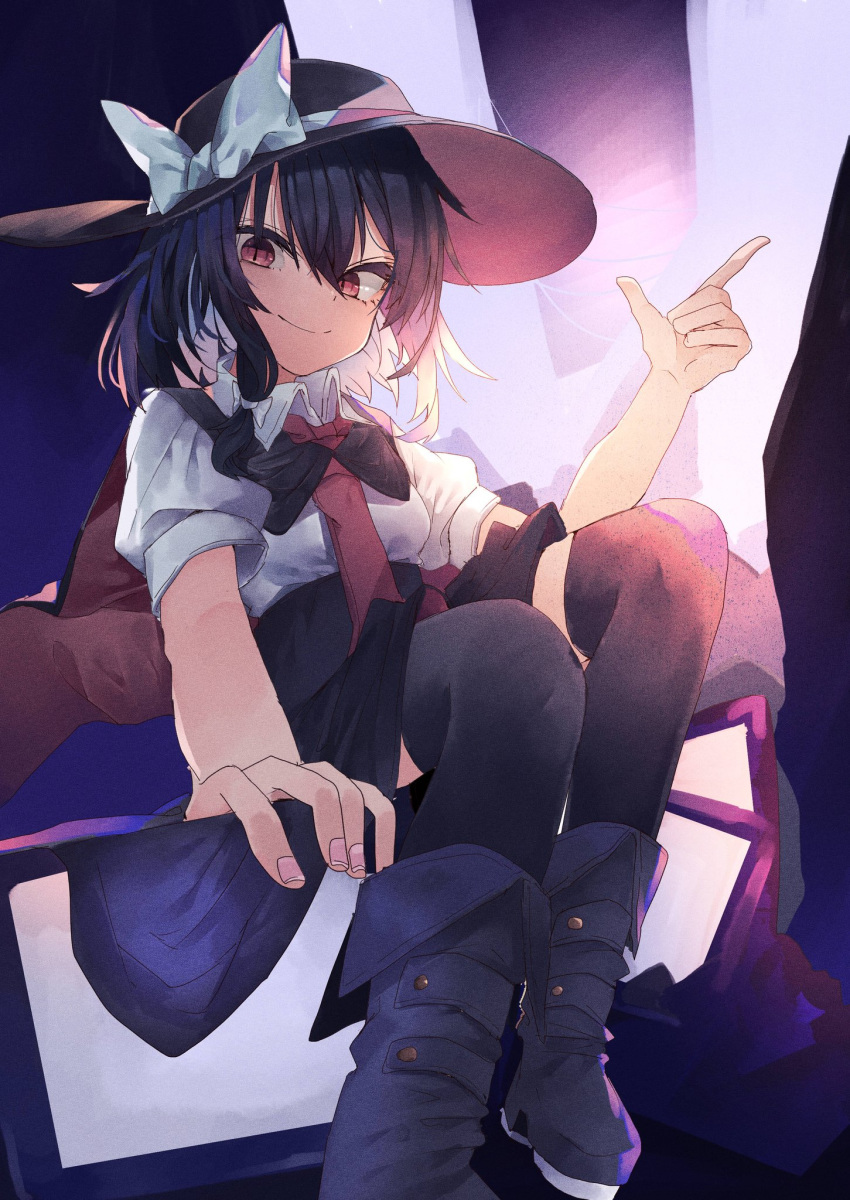 1girl black_hair boots bow brown_eyes cape eyelashes fedora frilled_skirt frills hair_bow hat hat_bow hat_ribbon highres murayo nail necktie pointing puffy_short_sleeves puffy_sleeves red_eyes red_neckwear ribbon short_sleeves sitting skirt smile socks thigh-highs touhou usami_renko zettai_ryouiki