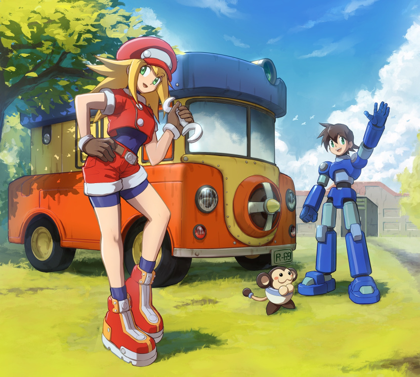 1boy 1girl android bangs bike_shorts blonde_hair brown_hair cabbie_hat capcom commentary_request gloves green_eyes hat highres hoshi_mikan long_hair open_mouth red_shorts rock_volnutt rockman rockman_dash roll_caskett short_sleeves shorts smile solo