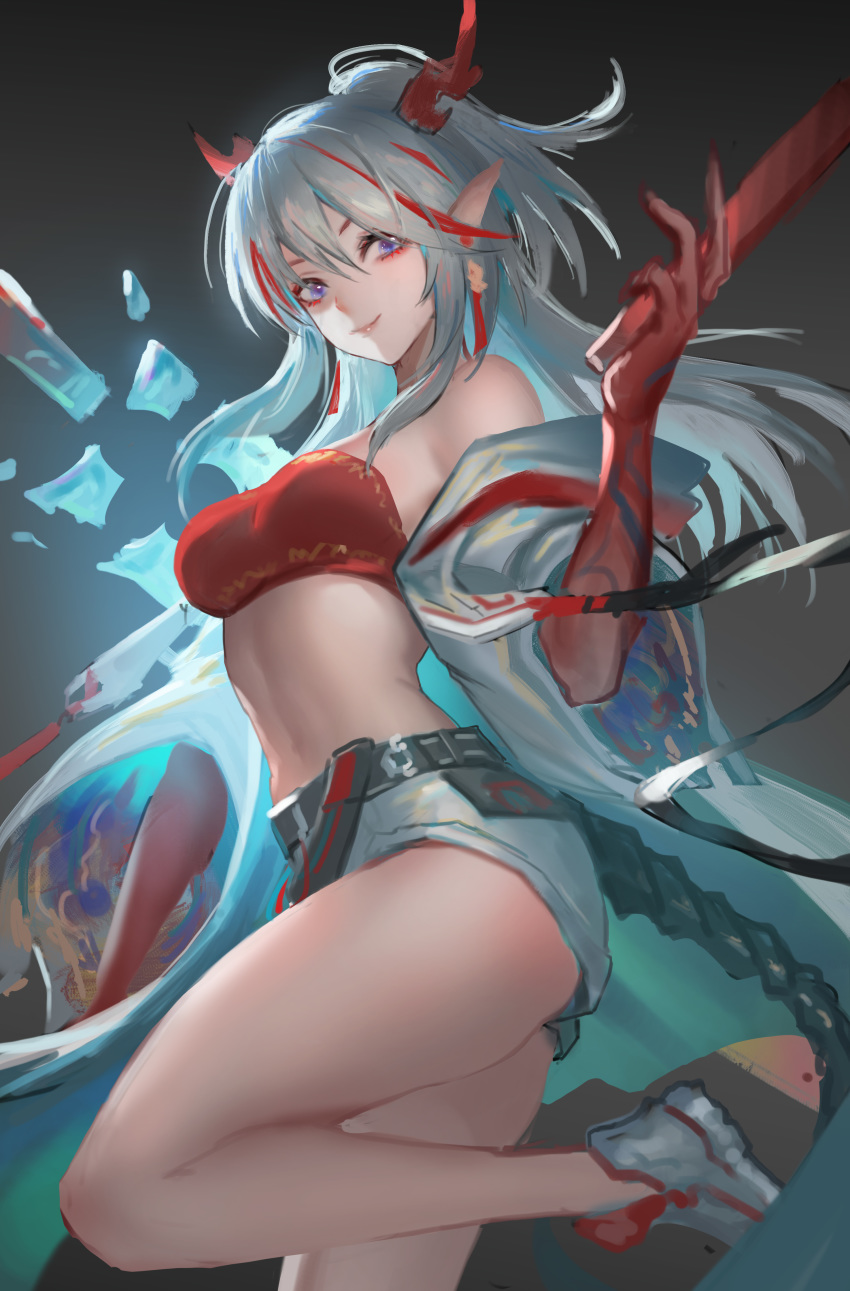 1girl absurdres arknights bandeau bangs bare_legs bare_shoulders breasts chinese_commentary commentary_request grey_background grey_shorts hair_between_eyes half_updo hand_up highres holding horns long_hair looking_at_viewer medium_breasts midriff multicolored_hair nian_(arknights) off_shoulder pointy_ears redhead shoes short_shorts shorts silver_hair smile solo stomach strapless streaked_hair thighs tubetop violet_eyes youyi_(jiam009)