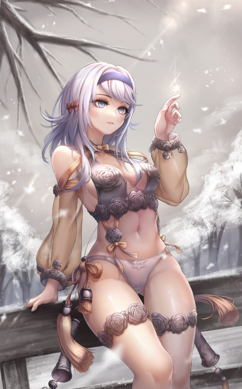 1girl absurdres arm_support ass_visible_through_thighs bare_shoulders blade_&amp;_soul blue_eyes breasts commission flower hairband hand_up highleg highleg_panties highres kie_(wylee2212) leg_garter long_hair long_sleeves looking_away lyn_(blade_&amp;_soul) medium_breasts midriff navel outdoors panties parted_lips revealing_clothes revision rose see-through silver_hair smile solo standing stomach tassel thigh_gap thighs underwear white_panties