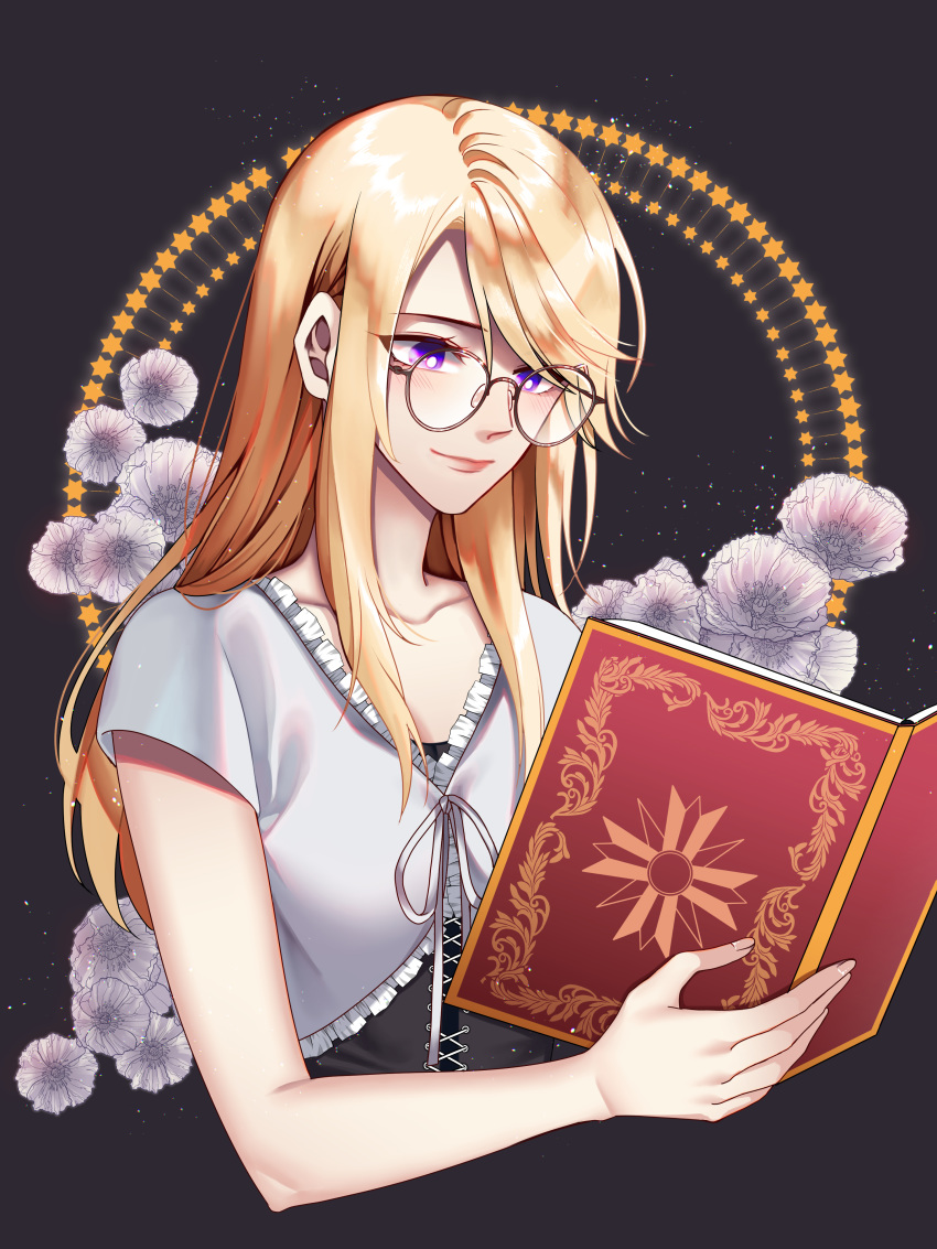 1girl absurdres black_dress blonde_hair blush book bronzesauluoi closed_mouth collarbone commentary dress english_commentary eyebrows_visible_through_hair final_fantasy final_fantasy_xv flower frills glasses hair_between_eyes highres holding holding_book jacket lips long_hair reading ribbon smile solo star_(symbol) stella_nox_fleuret violet_eyes white_flower white_jacket white_ribbon