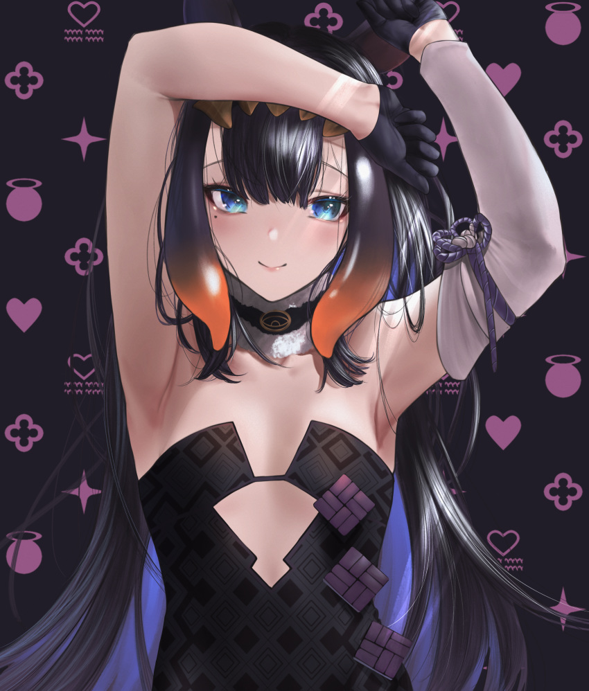 1girl absurdres armpits arms_up bangs bare_shoulders betabeet black_dress black_gloves black_hair blue_eyes blue_hair blush closed_mouth detached_sleeves dress flat_chest fur_collar gloves gradient_hair heart highres hololive hololive_english long_hair looking_at_viewer mole mole_under_eye multicolored_hair ninomae_ina'nis orange_hair patterned_background patterned_clothing single_detached_sleeve smile solo straight_hair strapless strapless_dress upper_body very_long_hair virtual_youtuber