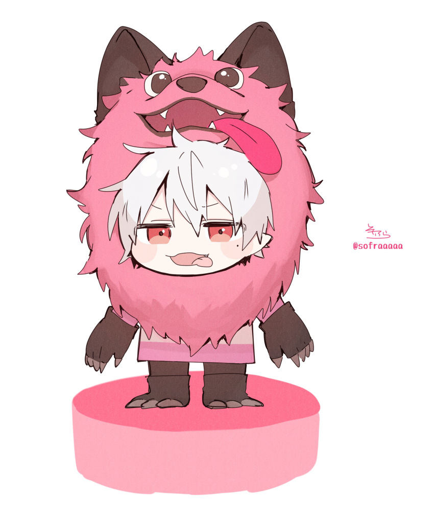 1boy absurdres animal_costume bangs black_footwear black_gloves blush_stickers commentary_request eyebrows_visible_through_hair fang gloves hair_between_eyes highres kuzuha_(nijisanji) male_focus mole mole_under_eye nijisanji open_mouth paw_gloves paw_shoes paws pointy_ears red_eyes shoes signature simple_background sofra solo standing tongue tongue_out twitter_username v-shaped_eyebrows virtual_youtuber white_background white_hair wolf_costume