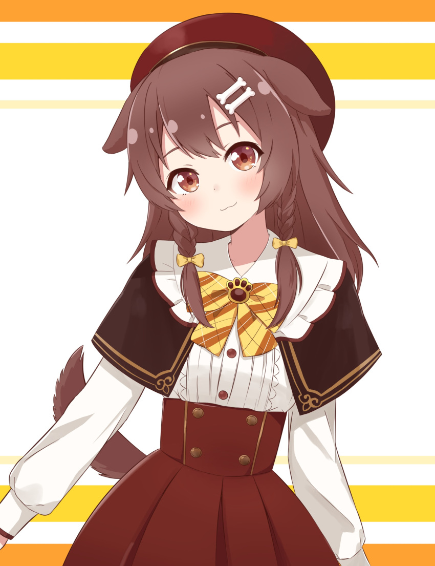 1girl :3 absurdres animal_ears bangs beret blush bone_hair_ornament bow bowtie brooch brown_capelet brown_eyes brown_hair buttons cartoon_bone center_frills closed_mouth commentary dog_ears dog_girl dog_tail frills hair_between_eyes hair_bow hair_ornament hairclip hat highres hololive horizontal_stripes inugami_korone ixia_(ixia424) jewelry long_hair looking_at_viewer low_twin_braids plaid plaid_bow red_headwear red_skirt shirt skirt solo standing striped striped_background tail virtual_youtuber white_background white_shirt yellow_bow