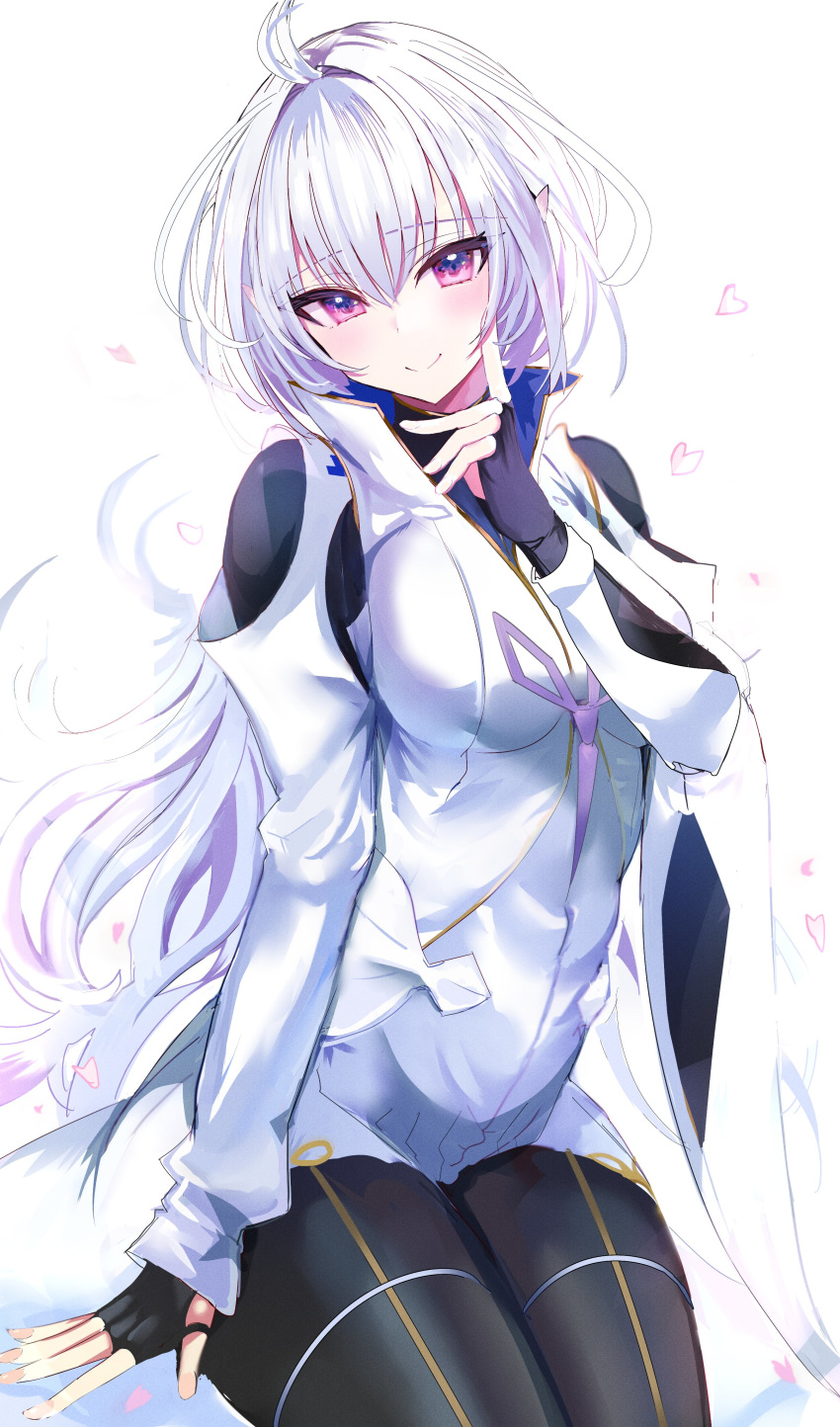 1girl absurdres ahoge bangs black_gloves black_pants breasts closed_mouth fate/grand_order fate/prototype fate_(series) fingerless_gloves gloves hanasaka_houcha highres holding long_hair long_sleeves looking_at_viewer medium_breasts merlin_(fate/prototype) pants petals revision smile thighs very_long_hair violet_eyes white_hair white_robe wide_sleeves