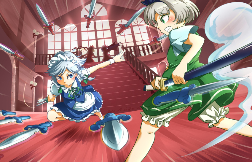 4girls apron backlighting bat_wings battle between_fingers bloomers blue_eyes blue_skirt blue_vest bob_cut calcmis_gowa clenched_teeth commentary_request constricted_pupils expressionless feet_out_of_frame flandre_scarlet folded_leg glint green_eyes green_skirt green_vest hair_ribbon hand_on_hilt highres holding holding_knife indoors izayoi_sakuya knife konpaku_youmu konpaku_youmu_(ghost) looking_at_another maid_headdress motion_blur multiple_girls outstretched_arm puffy_short_sleeves puffy_sleeves remilia_scarlet ribbon running scarlet_devil_mansion shirt short_hair short_sleeves sideways_mouth silhouette silver_hair skirt stairs standing sword teeth throwing_knife touhou underwear vest waist_apron wall_lamp weapon white_shirt window wings wrist_cuffs