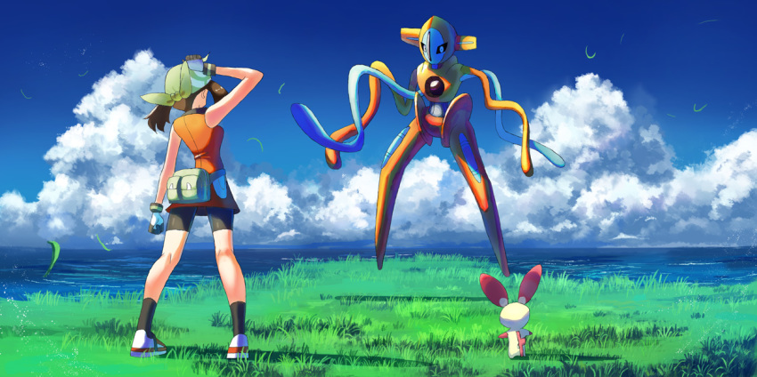 1girl arm_up bare_arms bike_shorts black_legwear brown_hair clouds commentary_request day deoxys fanny_pack gen_3_pokemon gloves grass green_bandana kneepits legs_apart may_(pokemon) mythical_pokemon outdoors plusle pokemon pokemon_(creature) pokemon_(game) pokemon_emerald pokemon_rse rowdon shoes sky socks standing