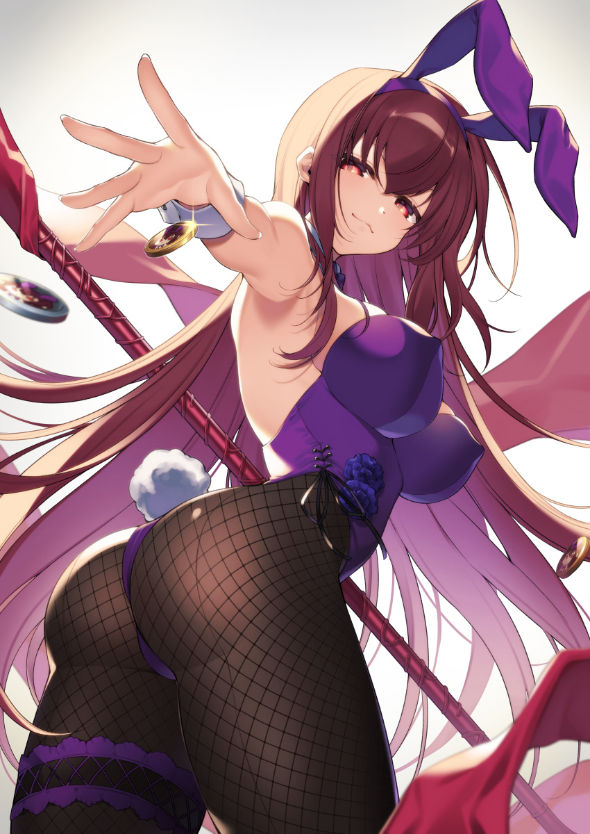 1girl absurdres animal_ears ass bodysuit bunny_girl bunnysuit citron_82 coin covered_nipples detached_collar fake_animal_ears fake_tail fate/grand_order fate_(series) fishnet_legwear fishnets gae_bolg hairband highleg highleg_leotard highres leotard long_hair looking_at_viewer looking_back piercing_bunny polearm purple_hair purple_hairband purple_leotard purple_neckwear rabbit_ears scathach_(fate)_(all) scathach_(fate/grand_order) smile solo spear strapless strapless_leotard tail weapon wrist_cuffs