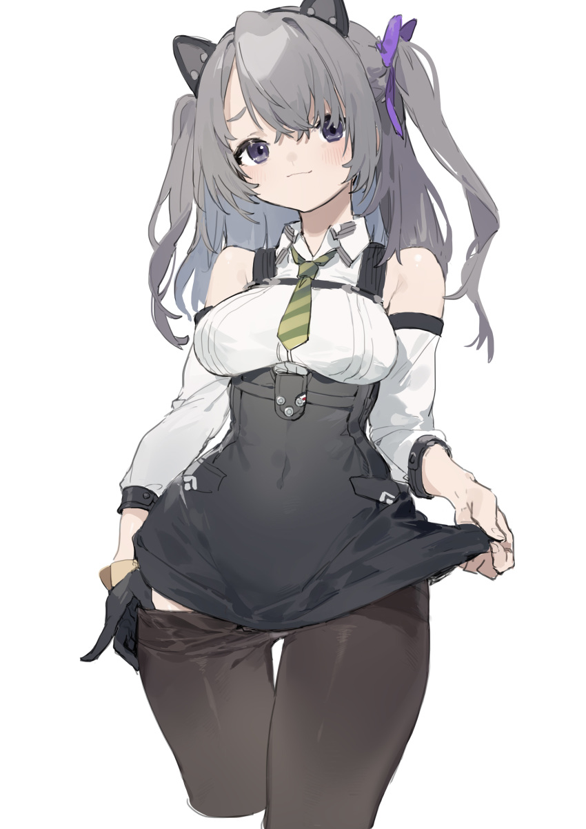 1girl absurdres animal_ears ash_arms black_legwear blush breasts cat_ears detached_sleeves fake_animal_ears gloves grey_hair highres looking_at_viewer medium_breasts necktie panzer_ii_(ash_arms) sh_(562835932) simple_background single_glove solo teasing thigh-highs violet_eyes white_background