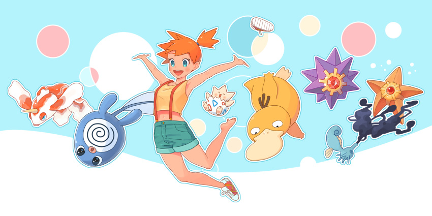 1girl :d arms_up blue_background blue_eyes blue_shorts commentary_request gen_1_pokemon gen_2_pokemon goldeen gym_leader horsea looking_at_viewer midriff misty_(pokemon) navel open_mouth orange_hair pokemon pokemon_(creature) poliwag psyduck shirt shoe_removed shoes short_ponytail short_shorts shorts side_ponytail single_shoe sleeveless sleeveless_shirt smile smokescreen_(pokemon) sneakers starmie staryu suspenders togepi yellow_shirt yoshida_(penguindynamite)