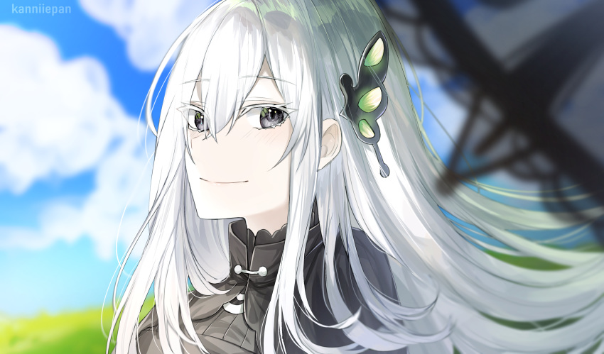 1girl absurdres artist_name blue_sky blurry blurry_background blurry_foreground closed_mouth clouds echidna_(re:zero) eyebrows_visible_through_hair hair_between_eyes hair_ornament highres kanniiepan long_hair looking_at_viewer re:zero_kara_hajimeru_isekai_seikatsu silver_hair sky smile solo upper_body white_eyelashes