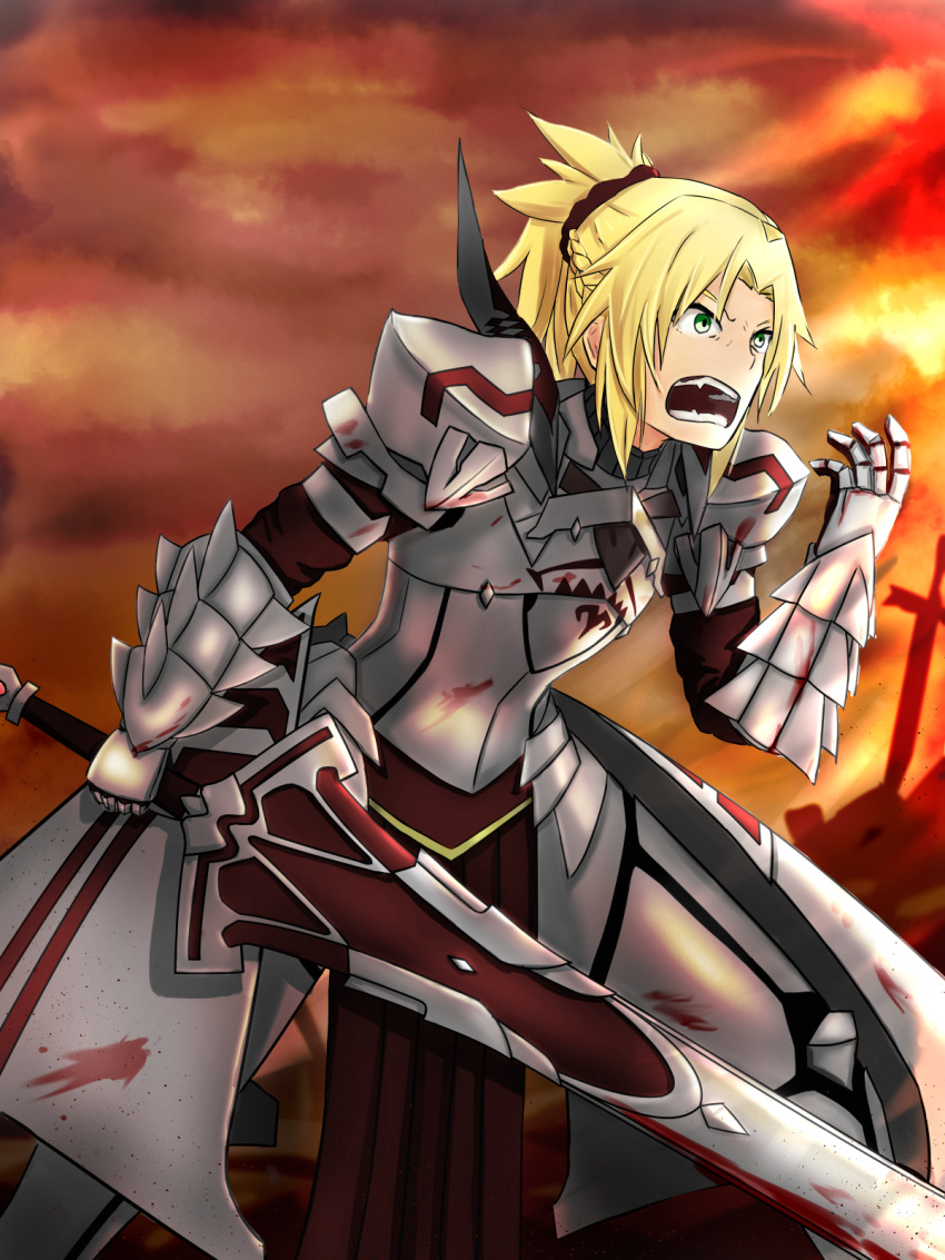 1girl angry armor armored_dress blonde_hair blood bloody_weapon clarent cross fangs fate/apocrypha fate_(series) green_eyes hair_ornament hair_scrunchie highres mordred_(fate) mordred_(fate)_(all) naliliko pelvic_curtain red_scrunchie red_sky scrunchie sky solo weapon