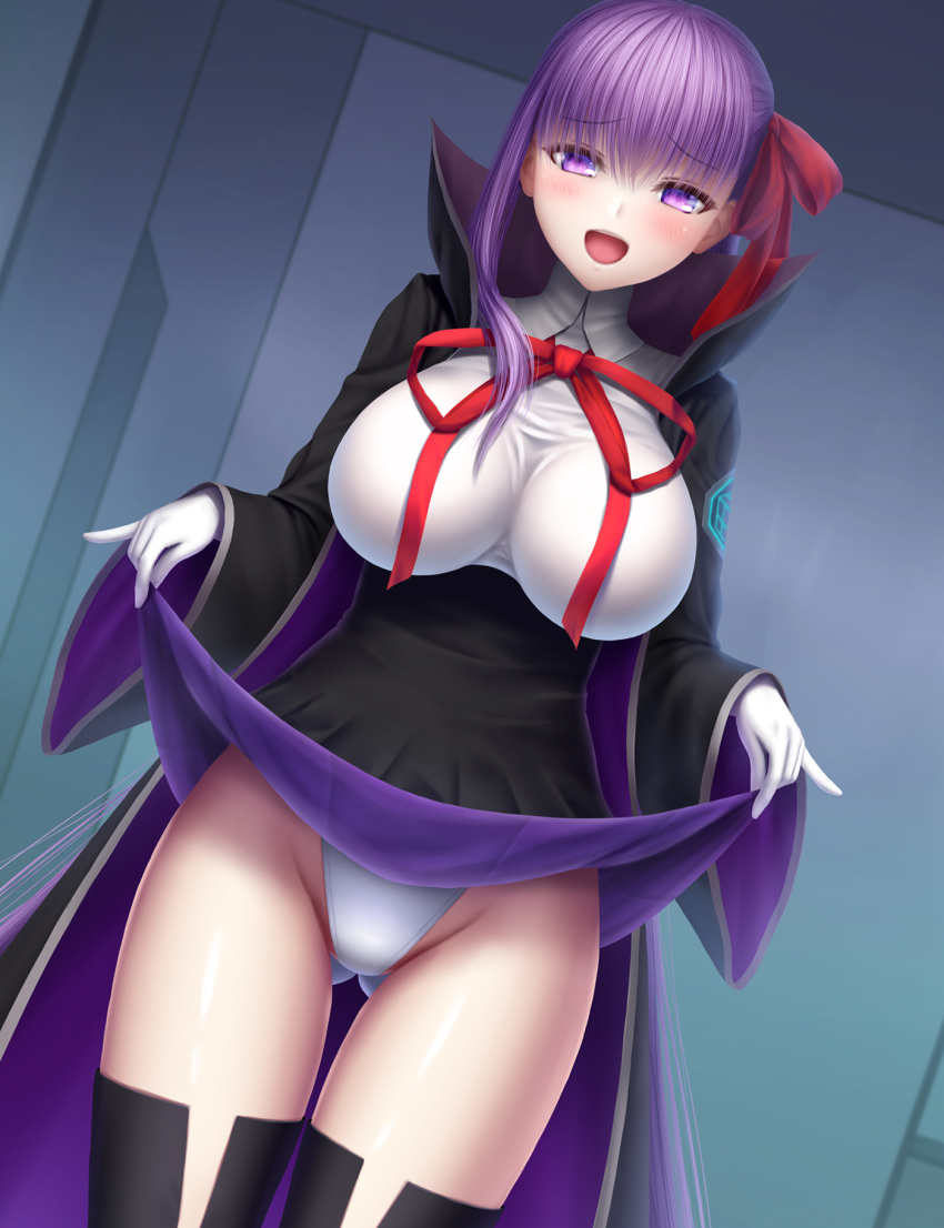 1girl bangs bb_(fate)_(all) bb_(fate/extra_ccc) black_coat black_skirt breasts coat fate/extra fate/extra_ccc fate_(series) gloves hair_ribbon high-waist_skirt highleg highleg_leotard highres large_breasts leotard long_hair long_sleeves masatoki neck_ribbon open_clothes open_coat open_mouth popped_collar purple_hair red_ribbon ribbon skirt skirt_lift smile thighs very_long_hair violet_eyes white_gloves white_leotard wide_sleeves