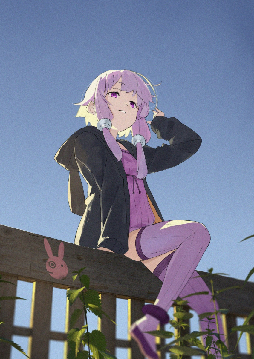 1girl animal_ears animal_hood arm_support backlighting black_jacket blue_sky bunny_hood dress fence from_below grin hair_tubes half-closed_eyes hand_up highres hood hooded_jacket jacket logo outdoors pikumin plant purple_dress purple_hair purple_legwear rabbit rabbit_ears short_hair_with_long_locks sidelocks sitting_on_fence sky smile solo thigh-highs violet_eyes vocaloid voiceroid yuzuki_yukari