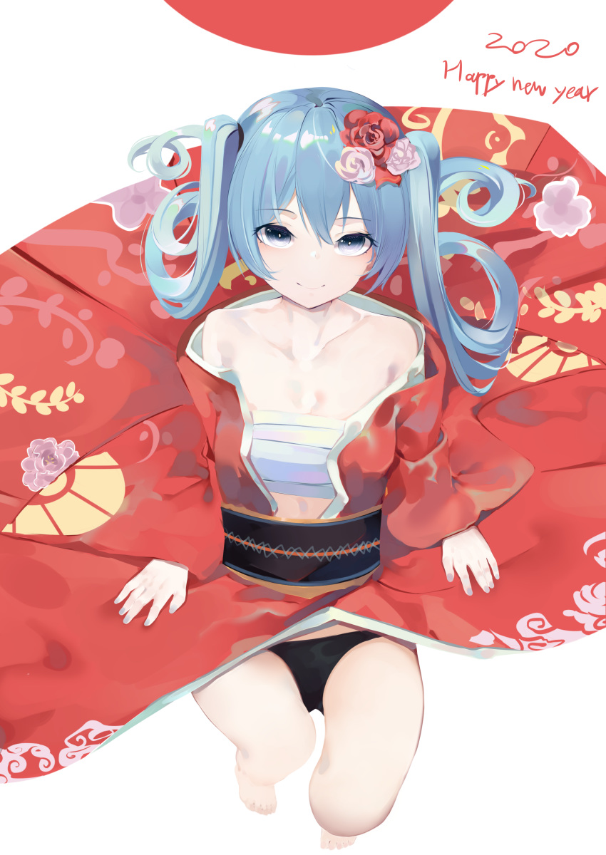 1girl absurdres aqua_eyes aqua_hair aqua_nails bangs bare_legs bare_shoulders black_panties breasts closed_mouth collarbone commentary_request dutch_angle english_text flower from_above hair_between_eyes hair_flower hair_ornament hatsune_miku highres japanese_clothes kimono long_hair looking_at_viewer nail_polish nengajou new_year off_shoulder open_clothes open_kimono panties red_kimono rose sarashi sidelocks simple_background sitting small_breasts smile solo twintails underwear vocaloid white_background zeppeki_shoujo
