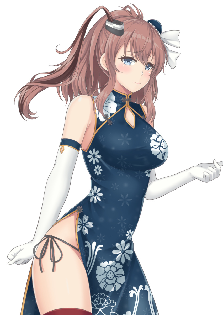 1girl blue_dress blue_eyes blush breasts brown_hair bun_cover china_dress chinese_clothes dress elbow_gloves eyebrows_visible_through_hair floral_print gloves hair_between_eyes highres kantai_collection large_breasts looking_at_viewer pelvic_curtain ponytail red_legwear saratoga_(kantai_collection) side_ponytail side_slit simple_background sleeveless sleeveless_dress solo standing string_panties thigh-highs white_background white_gloves yamato_(083)