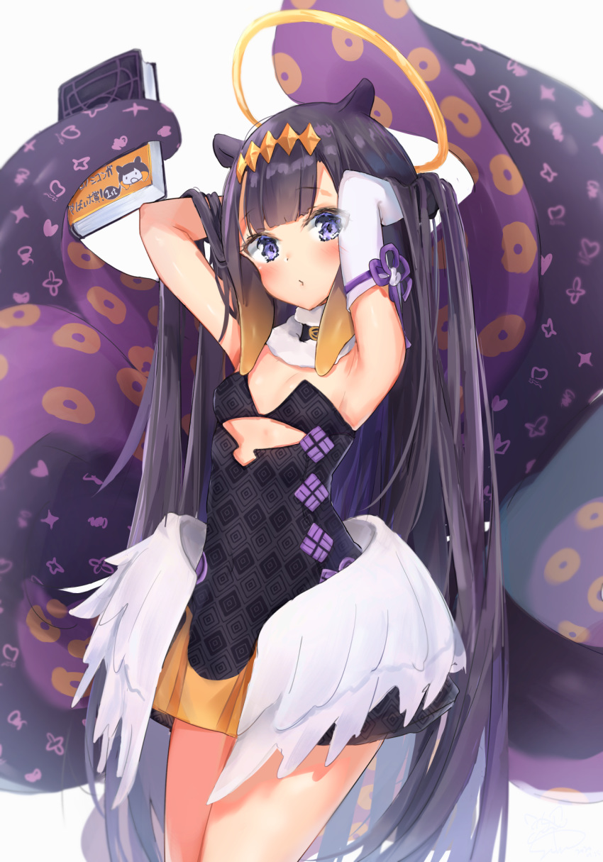 1girl animal_ears armpits arms_up blush breasts hair_ornament halo highres hololive hololive_english long_hair looking_at_viewer ninomae_ina'nis purple_hair seboneko simple_background small_breasts tentacles violet_eyes virtual_youtuber white_background