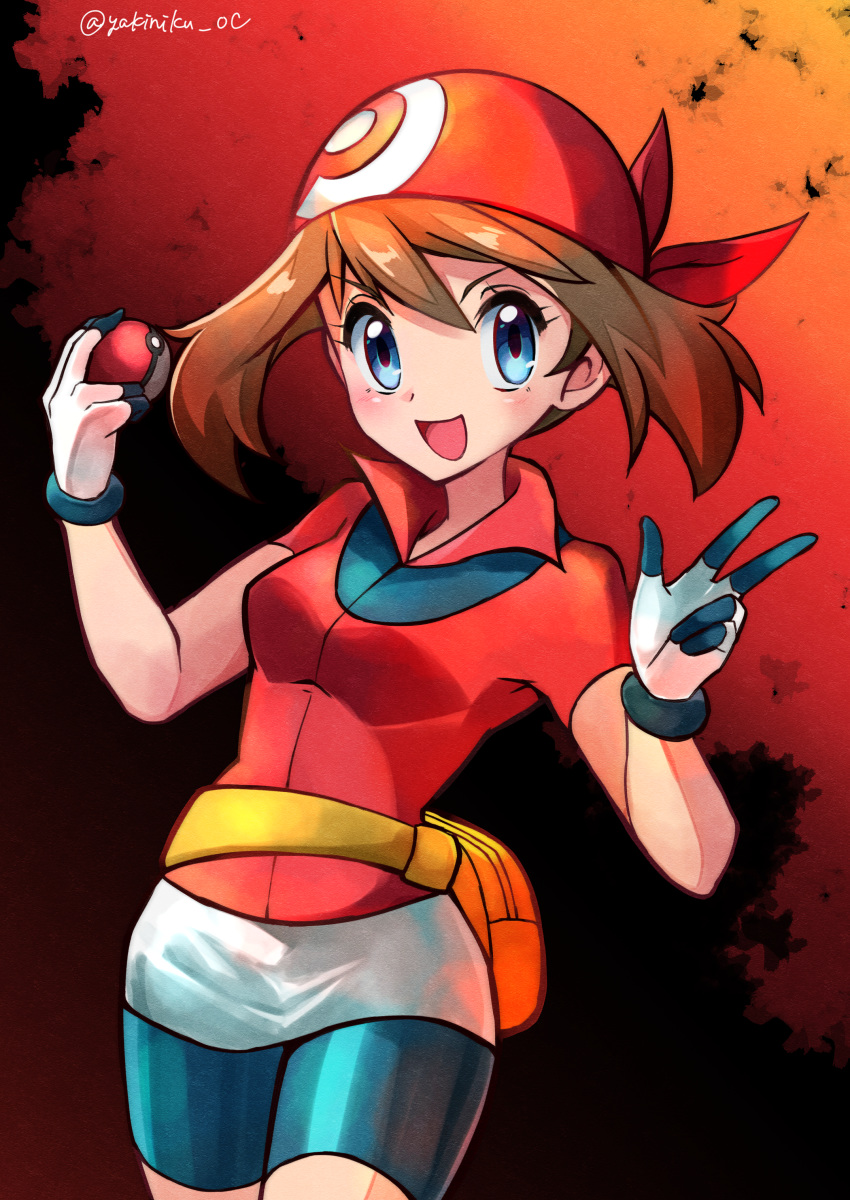 1girl :d absurdres bangs bike_shorts blue_eyes blush brown_hair commentary_request eyebrows_visible_through_hair eyelashes fanny_pack gloves highres holding holding_poke_ball looking_at_viewer may_(pokemon) miyama-san open_mouth poke_ball poke_ball_(basic) pokemon pokemon_(game) pokemon_rse red_bandana red_shirt shirt short_sleeves smile solo w watermark