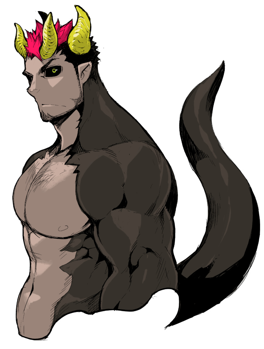 1boy abs bara bare_chest black_hair black_sclera chest chest_hair cropped_torso demon_boy facial_hair highres horns looking_at_viewer male_focus monster_boy multicolored_hair muscle naop_(anything) navel nipples original pink_hair short_hair solo tail two-tone_hair white_background yellow_eyes