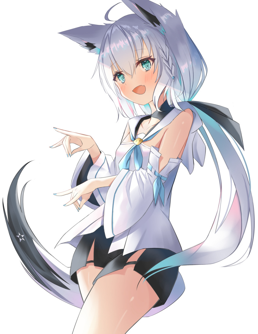 1girl absurdres animal_ears bangs bare_shoulders black_scarf black_shorts blue_eyes blue_neckwear braid breasts detached_sleeves eyebrows_visible_through_hair fake_tail fang fox_ears fox_girl fox_tail highres hololive long_hair looking_at_viewer open_mouth scarf shirakami_fubuki shorts simple_background small_breasts smile solo standing star_(symbol) tail thighs very_long_hair virtual_youtuber white_background white_hair white_tail yuzuno_kaori