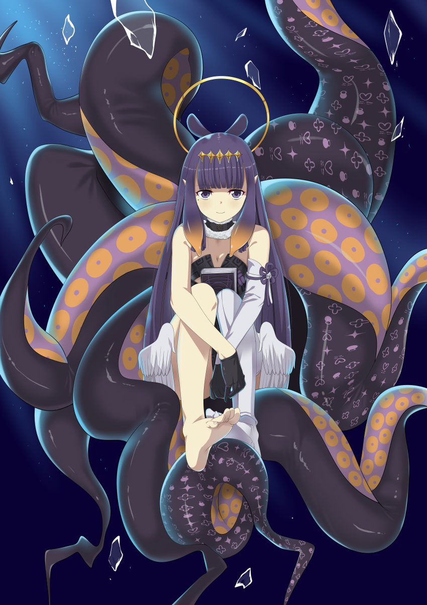 1girl absurdres arms_on_knees bangs bare_shoulders barefoot black_dress black_gloves blunt_bangs book_on_lap breasts detached_sleeves dress full_body fur_collar gloves halo highres hololive hololive_english long_hair looking_at_viewer low_wings mole mole_under_eye monster_girl ninomae_ina'nis pointy_ears purple_hair single_detached_sleeve single_thighhigh sitting small_breasts smile soles solo tentacle_hair tentacles thigh-highs tiara toes violet_eyes virtual_youtuber wings yabu_q