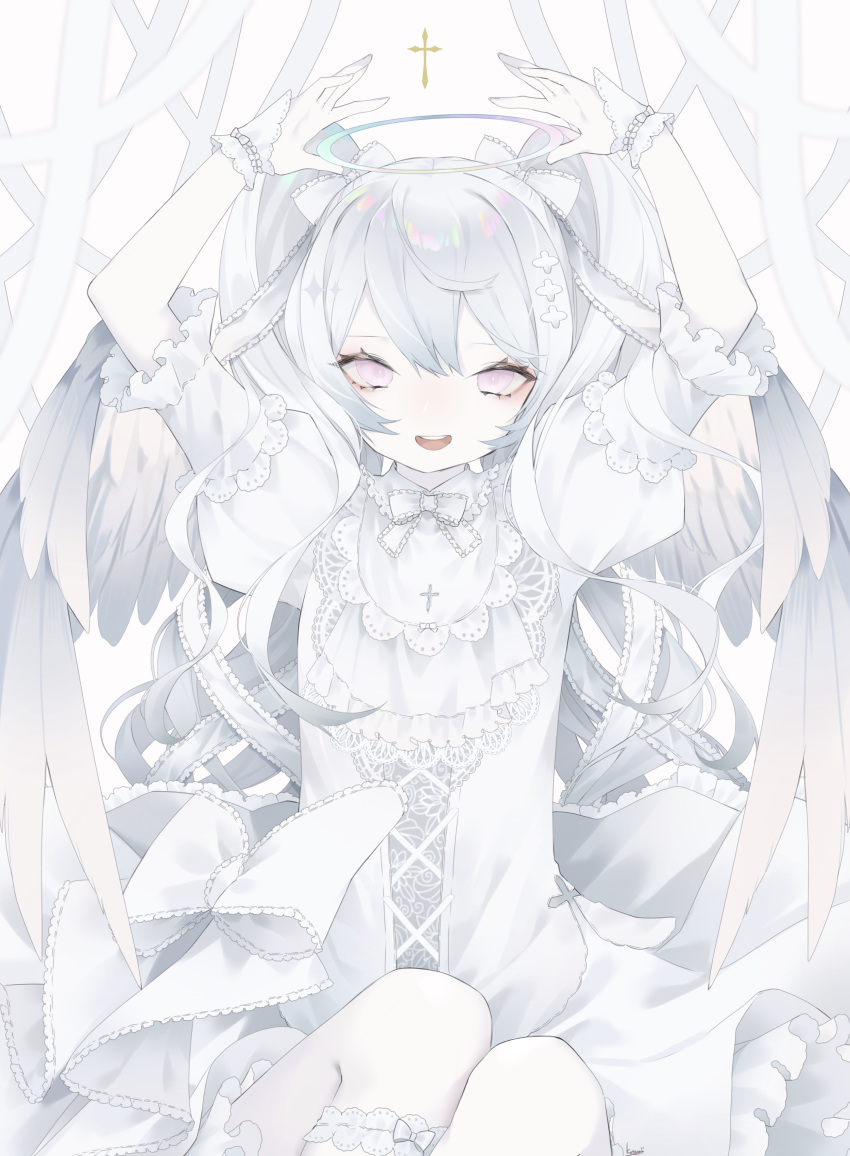 1girl :d absurdres angel angel_wings bow cross dress halo highres kneehighs kotarou_(kot_mochi) open_mouth original pale_skin puffy_short_sleeves puffy_sleeves short_sleeves silver_hair sitting smile white_background white_bow white_dress white_theme wings