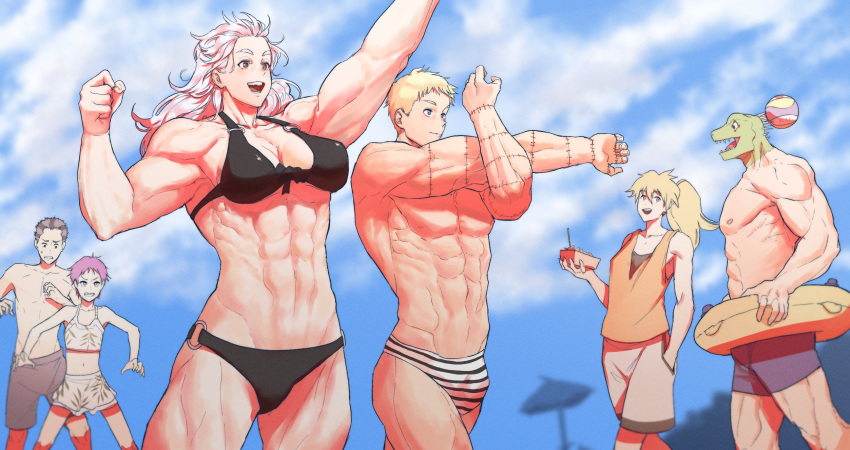 3boys 3girls abs airpro033 alternate_costume arm_up ball bare_shoulders black_hair blonde_hair blue_eyes breasts bulge character_request chest clouds cloudy_sky couple dorohedoro happy highres kaiman_(dorohedoro) long_hair male_swimwear multiple_boys multiple_girls muscle muscular_female nikaidou_(dorohedoro) nipples noi_(dorohedoro) purple_hair red_eyes shin_(dorohedoro) short_hair sky sleeveless spikes stitches stretch striped_briefs swim_briefs swim_trunks swimsuit swimwear thick_thighs thighs violet_eyes white_hair