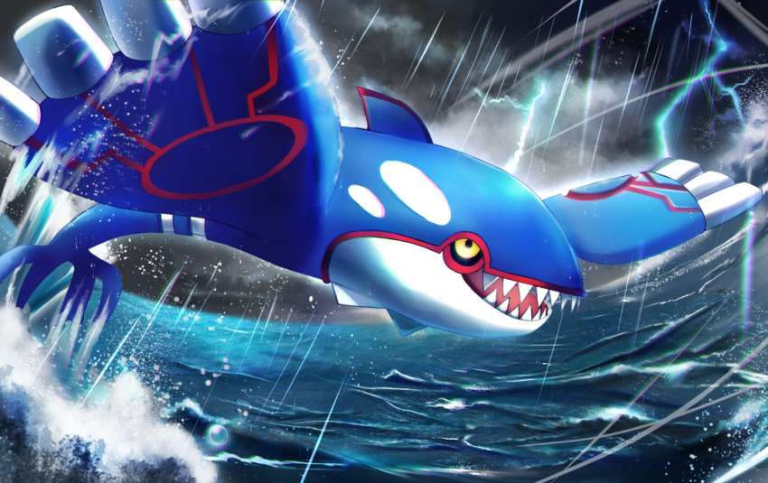 black_sclera clouds commentary_request dark_sky gen_3_pokemon kyogre legendary_pokemon lightning looking_up no_humans open_mouth outdoors pokemon rain rowdon sharp_teeth teeth tongue water water_drop waves yellow_eyes