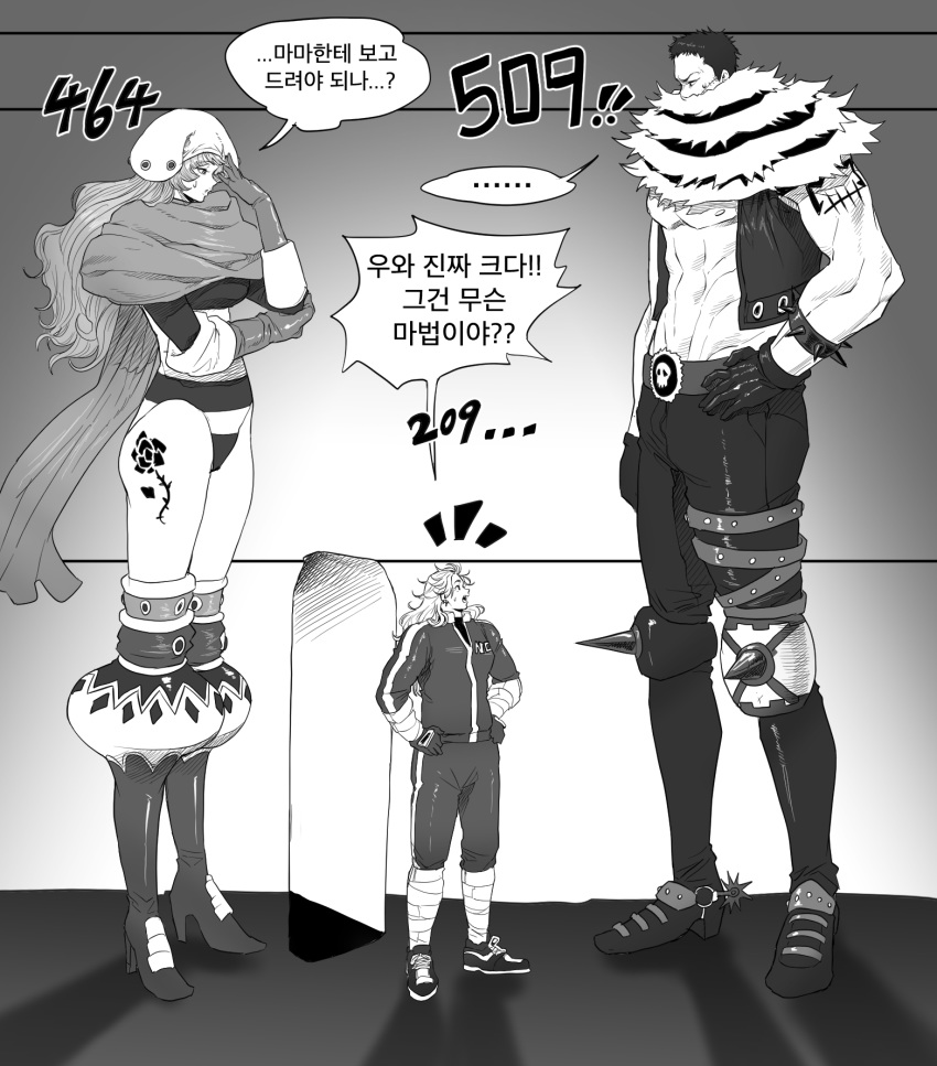 ... 1boy 2girls abs airpro033 bare_chest charlotte_katakuri charlotte_smoothie crossover dorohedoro facepalm full_body giant giantess greyscale hand_on_hip hands_on_hips height_difference high_heels highres jacket korean_text looking_at_another looking_down monochrome multiple_girls muscle muscular_female nipples noi_(dorohedoro) one_piece pants scarf shoes sleeveless speech_bubble spikes sweatdrop tall tall_female tattoo thighs track_jacket track_pants