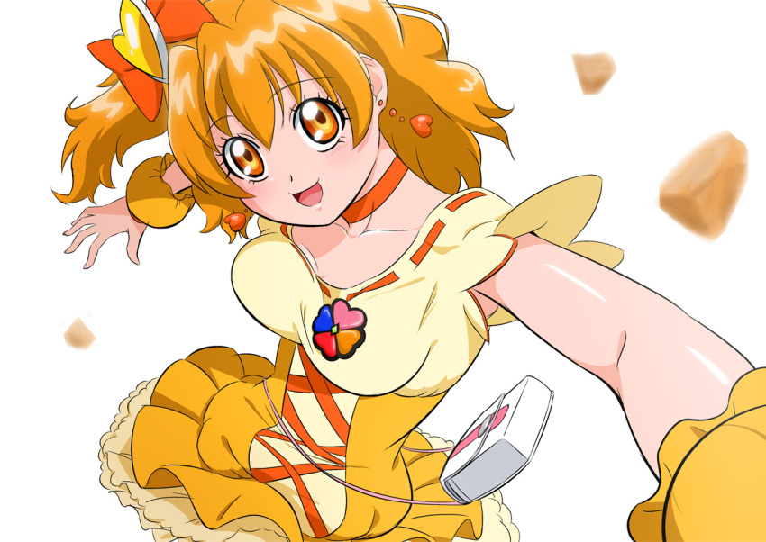 1girl bangs bow choker collarbone cure_pine dress earrings eyebrows_visible_through_hair fresh_precure! fuchi_(nightmare) hair_bow heart heart_earrings jewelry looking_at_viewer magical_girl one_side_up open_mouth orange_bow orange_choker orange_eyes orange_hair petticoat precure short_hair simple_background smile solo white_background wrist_cuffs yamabuki_inori yellow_dress