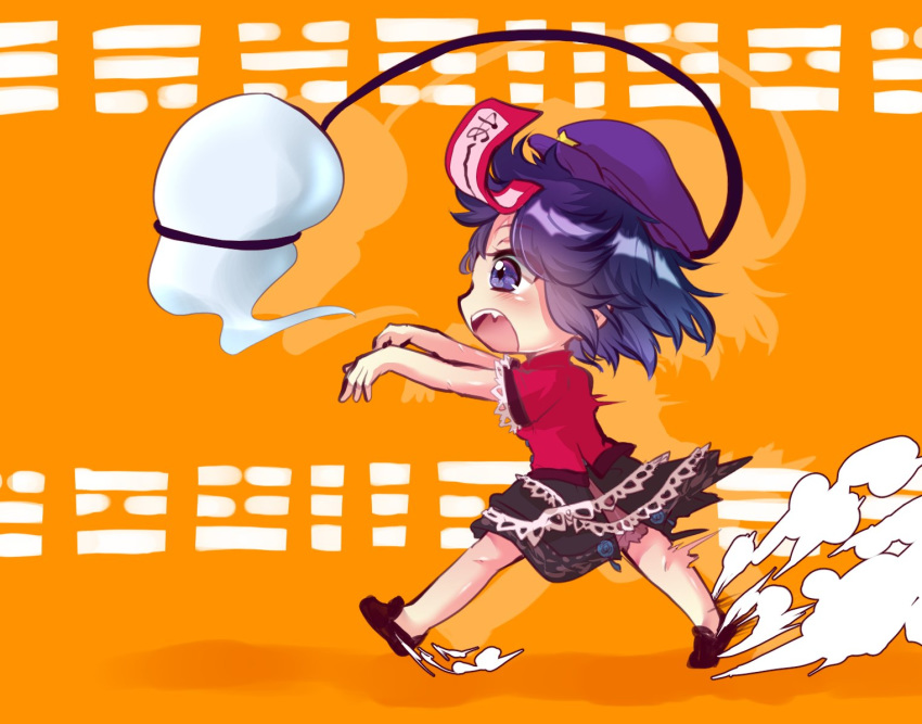 1girl bangs black_skirt cabbie_hat carrot_on_stick chasing colored_shadow commentary_request dust_cloud fang frilled_shirt frilled_skirt frills ghost hat jiangshi medium_hair miyako_yoshika motion_blur ofuda open_mouth orange_background outstretched_arms purple_hair purple_headwear red_shirt running shadow shirt skirt smoke_trail solo star_(symbol) teeth touhou translation_request unime_seaflower violet_eyes zombie_pose