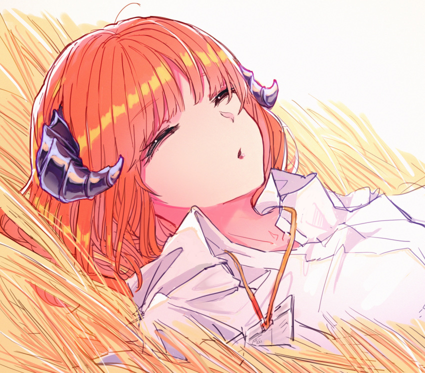 1girl arknights bagpipe_(arknights) bangs closed_eyes commentary_request expressionless eyebrows_visible_through_hair highres horns id_card lips long_hair lying mai_oreki on_back orange_hair shirt sleeping solo upper_body wheat_field white_shirt