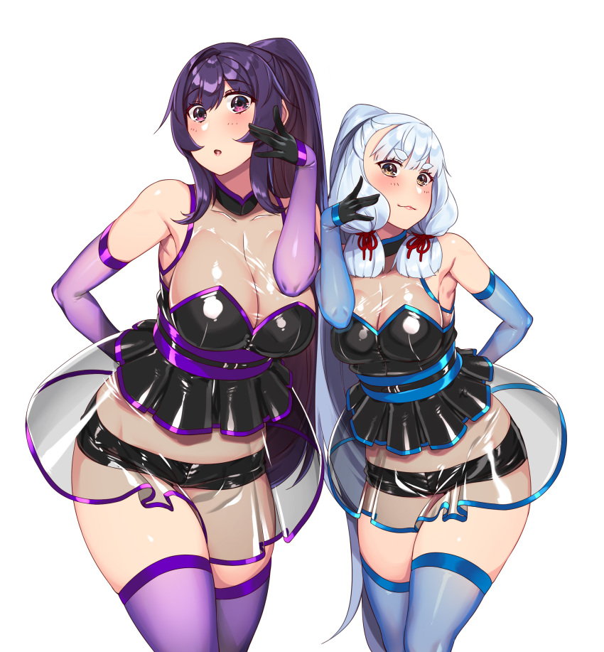 2girls alternate_costume alternate_hairstyle bangs black_gloves blue_gloves blue_legwear blunt_bangs breasts dress elbow_gloves gloves hair_ribbon hie_(hiememiko) hiememiko high_ponytail highres kantai_collection large_breasts latex_dress long_hair multicolored multicolored_clothes multicolored_gloves multiple_girls murakumo_(kantai_collection) orange_eyes original ponytail purple_gloves purple_hair purple_legwear ribbon see-through see-through_dress short_dress short_eyebrows sidelocks sleeveless sleeveless_dress standing thighs tress_ribbon violet_eyes