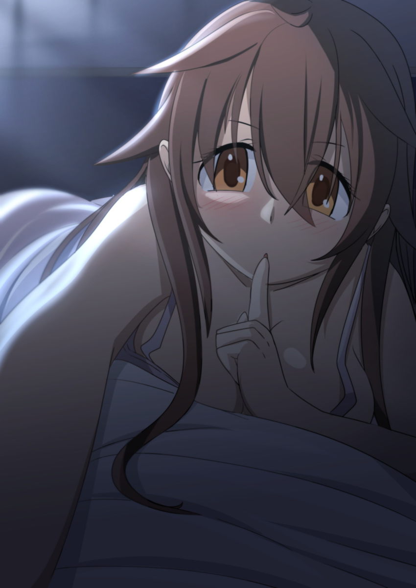 bed_sheet breasts brown_eyes brown_hair finger_to_mouth hair_flaps highres indoors kantai_collection large_breasts light_rays long_hair looking_at_viewer night pov selvalanch shiratsuyu_(kantai_collection)