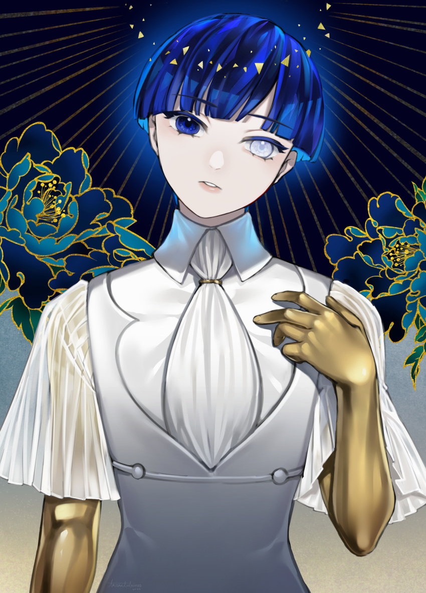 1other absurdres androgynous bangs blue_eyes blue_hair blunt_bangs collar colored_eyelashes crystal_hair flower gold golden_arms head_tilt heterochromia highres houseki_no_kuni looking_at_viewer phosphophyllite phosphophyllite_(ll) short_hair solo tarantulaines upper_body white_eyes