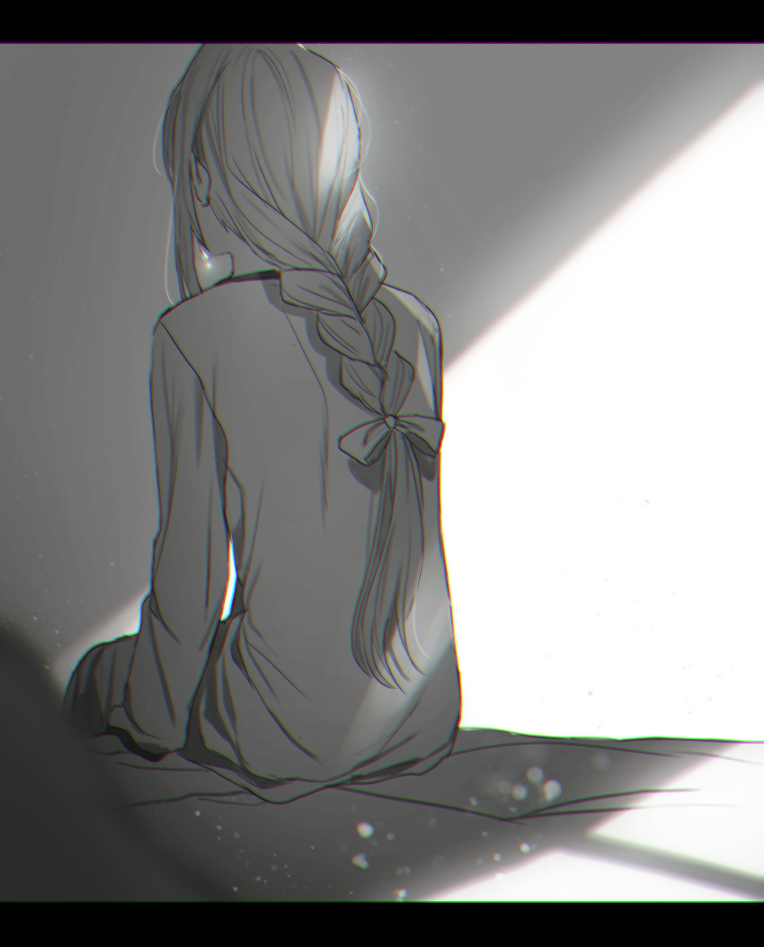 1girl absurdres alice_zuberg blurry_foreground bow braid braided_ponytail crying dress greyscale hair_bow highres long_hair long_sleeves monochrome ponytail riko201008 sitting solo sword_art_online tears very_long_hair