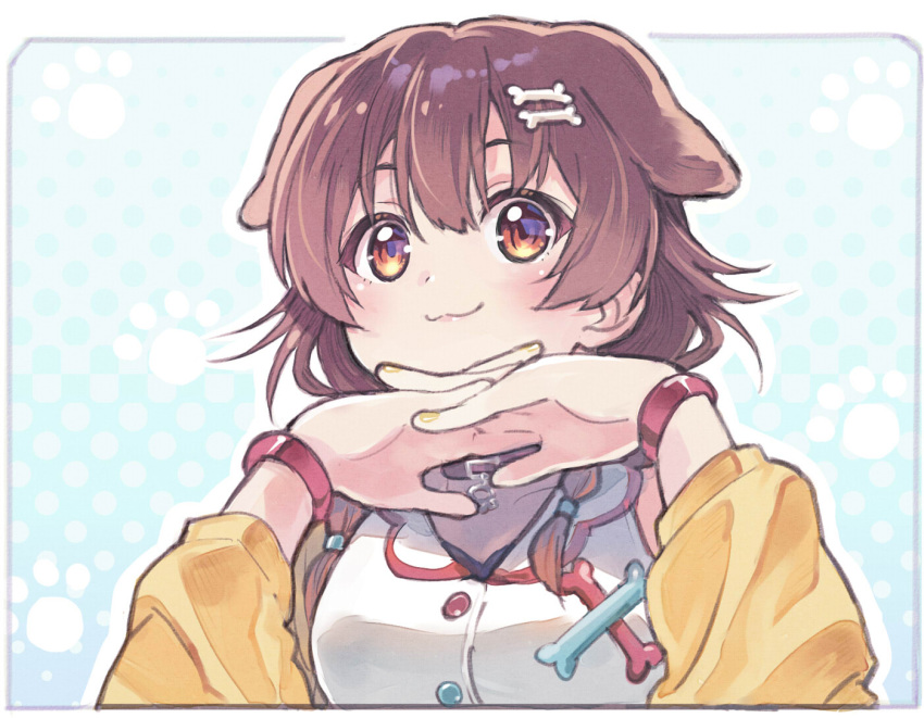 1girl :3 animal_ears bangs bone_hair_ornament bracelet brown_eyes brown_hair cartoon_bone chin_rest collar commentary_request dog_collar dog_ears dog_girl dress eyebrows_visible_through_hair gradient gradient_background hair_between_eyes hair_ornament hairclip hololive interlocked_fingers inugami_korone jacket jewelry looking_at_viewer low_twin_braids paw_print paw_print_background polka_dot polka_dot_background red_collar sakino_shingetsu smile solo virtual_youtuber white_dress yellow_jacket