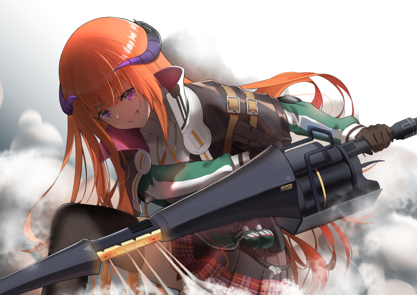 1girl arknights bagpipe_(arknights) black_gloves black_legwear commentary gloves grin highres holding holding_lance holding_polearm holding_weapon horns jacket lance long_hair long_sleeves looking_at_viewer miniskirt orange_hair plaid plaid_skirt polearm red_skirt ri_qing skirt smile solo thigh-highs violet_eyes weapon