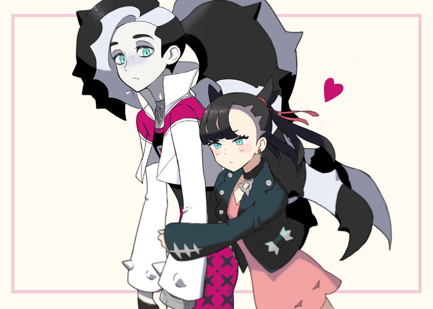 1boy 1girl aru_(user_yjjc5453) black_choker black_hair black_jacket blush brother_and_sister choker closed_mouth commentary_request cropped_jacket dress earrings eyeshadow green_eyes gym_leader hair_ribbon heart highres jacket jewelry long_hair long_sleeves makeup marnie_(pokemon) multicolored_hair open_clothes piers_(pokemon) pink_dress pokemon pokemon_(game) pokemon_swsh red_ribbon ribbon siblings two-tone_hair white_jacket