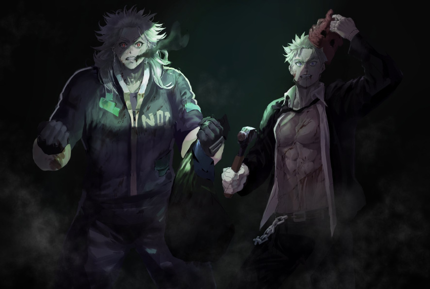 1boy 1girl abs airpro033 bare_chest blonde_hair blood blood_on_face blood_stain bloody_clothes bloody_weapon blue_eyes breasts chest cowboy_shot dorohedoro fighting_stance hammer highres long_hair mask mask_removed muscle muscular_female noi_(dorohedoro) red_eyes serious shin_(dorohedoro) short_hair weapon white_hair
