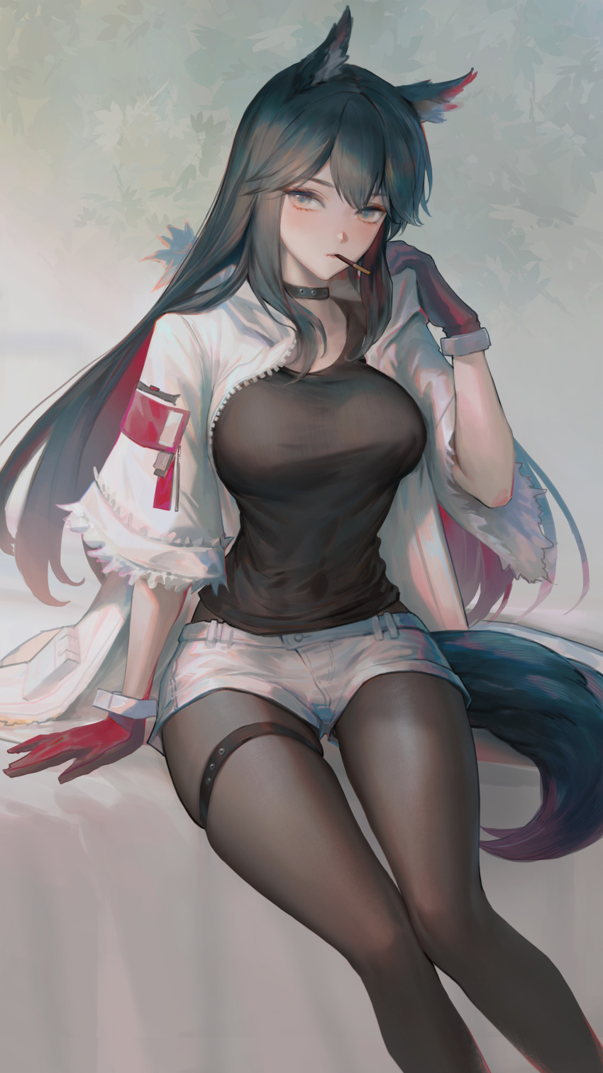 1girl absurdres animal_ears arknights arm_support black_choker black_hair black_shirt breasts brown_eyes choker feet_out_of_frame food food_in_mouth gloves hand_up highres jacket long_hair looking_at_viewer medium_breasts mouth_hold open_clothes open_jacket pantyhose pocky red_gloves revision shirt short_shorts shorts sitting solo tail texas_(arknights) thigh_strap thighs very_long_hair white_jacket white_shorts wolf_ears wolf_tail youyi_(jiam009)