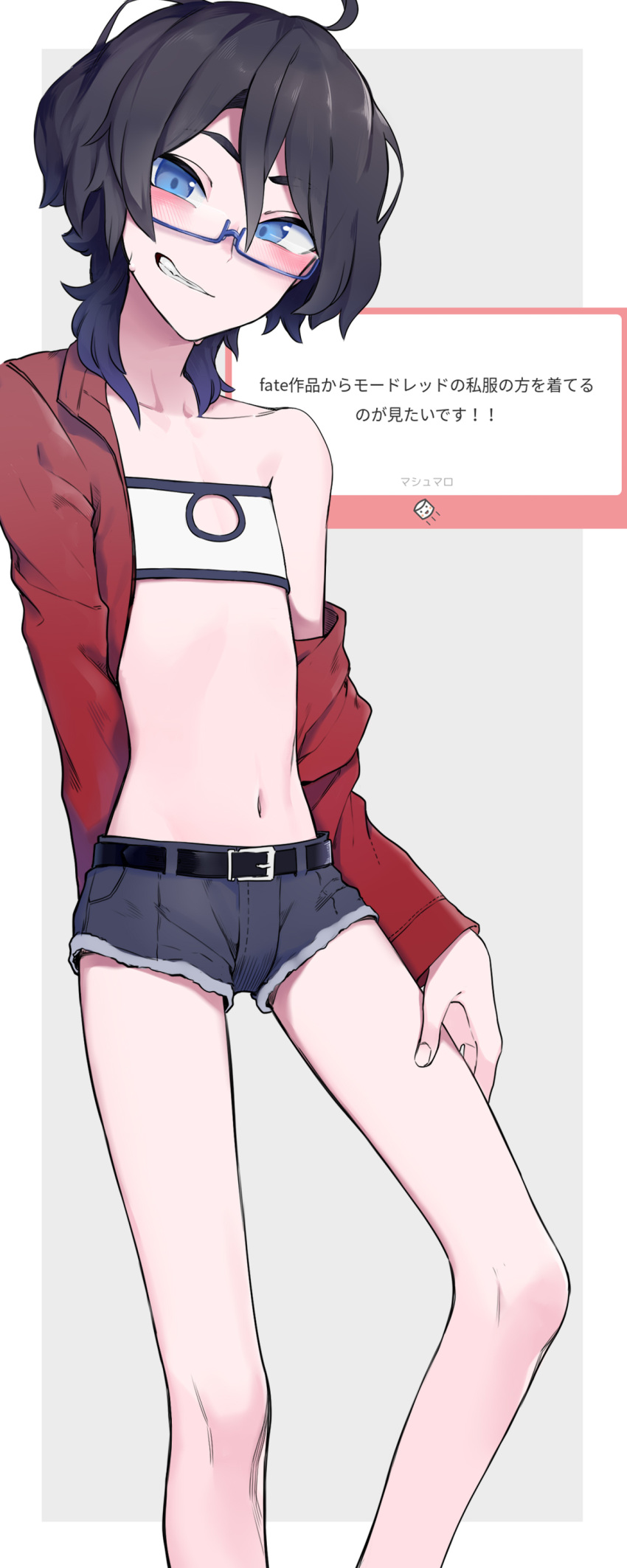1boy absurdres belt black_belt blush border collarbone commentary_request cosplay crossdressinging gradient gradient_background grin hand_on_own_leg highres indie_virtual_youtuber jacket kushizaki_(vtuber) mordred_(fate) mordred_(fate)_(all) mordred_(fate)_(cosplay) navel off-shoulder_jacket red_jacket short_shorts shorts single_bare_shoulder smile solo st_(youx1119) stomach translation_request virtual_youtuber white_border