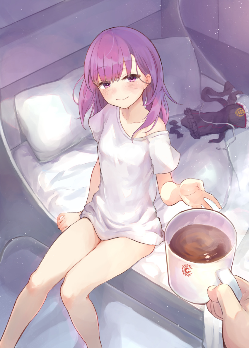 1girl bangs blush breasts closed_mouth coffee coffee_mug cup fate/grand_order fate_(series) harupippo helena_blavatsky_(fate/grand_order) highres looking_at_viewer mug on_bed purple_hair shirt sitting small_breasts smile violet_eyes white_shirt