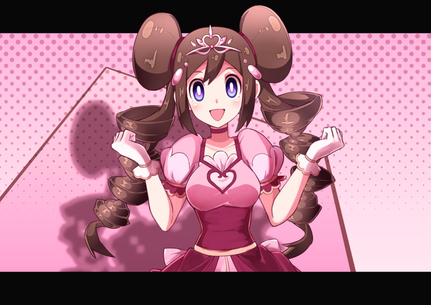 1girl :d bangs breasts brown_hair collarbone commentary_request double_bun dress drill_hair gloves hair_ornament hair_tie hands_up highres long_hair looking_at_viewer miyama-san open_mouth pokemon pokemon_(game) pokemon_bw2 pokestar_studios rosa_(pokemon) short_sleeves sidelocks smile solo tiara tied_hair tongue twin_drills violet_eyes white_gloves