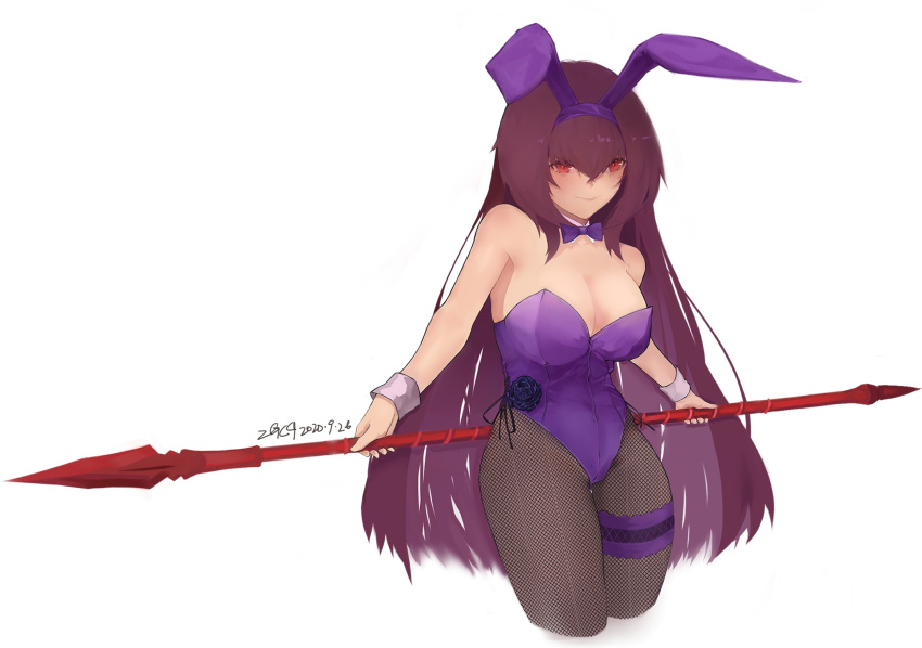 1girl animal_ears breasts bunny_girl bunnysuit detached_collar fake_animal_ears fate/grand_order fate_(series) fishnet_legwear fishnets gae_bolg hairband highres large_breasts leotard long_hair piercing_bunny polearm purple_hair purple_hairband purple_leotard purple_neckwear rabbit_ears red_eyes scathach_(fate)_(all) scathach_(fate/grand_order) solo spear strapless strapless_leotard weapon wrist_cuffs zi_ge_cai_qu