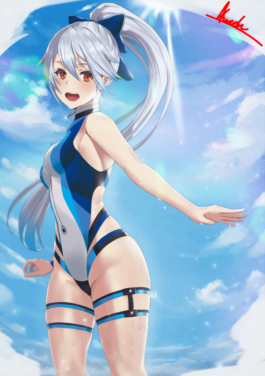 1girl :d absurdres asurada_yui bangs blue_bow blue_sky bow breasts clouds day fate/grand_order fate_(series) floating_hair hair_between_eyes hair_bow high_ponytail highres leotard long_hair looking_at_viewer medium_breasts open_mouth outdoors red_eyes shiny shiny_hair signature silver_hair sky smile solo standing sunlight thigh_strap tomoe_gozen_(swimsuit_saber)_(fate) very_long_hair