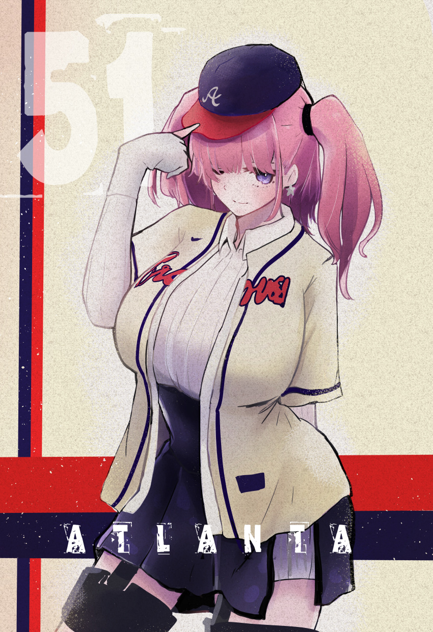 1girl absurdres atlanta_(kantai_collection) atlanta_braves baseball_cap baseball_jersey breasts brown_hair earrings gloves grey_eyes hat high-waist_skirt highres huge_filesize jewelry kantai_collection large_breasts long_hair major_league_baseball partly_fingerless_gloves sakanagahashiru skirt solo star_(symbol) star_earrings suspender_skirt suspenders two_side_up